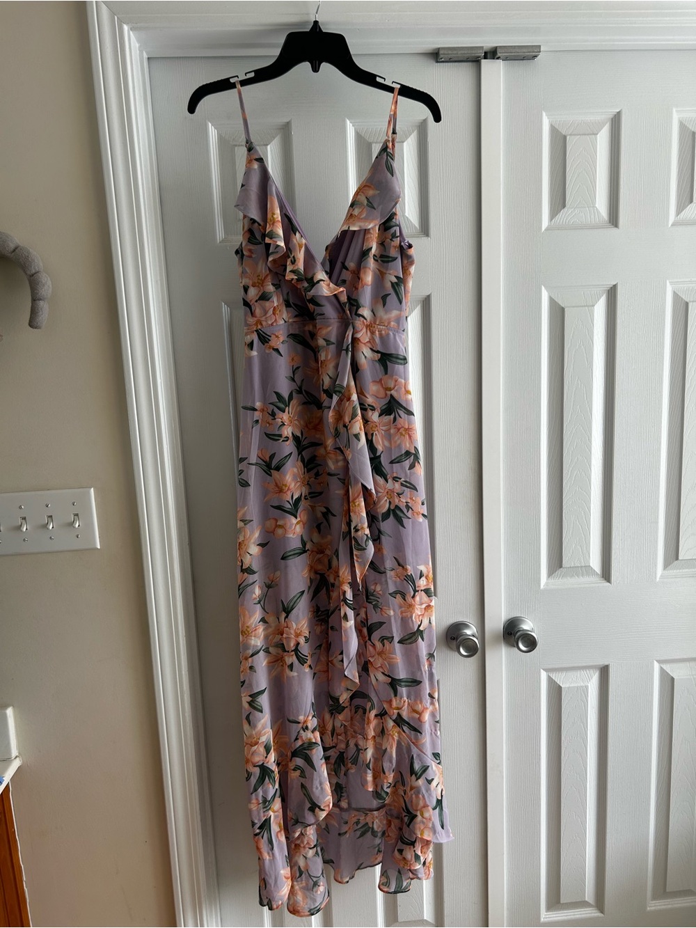 Floral Lavender Wrap Maxi Dress with Peach Blooms - Medium